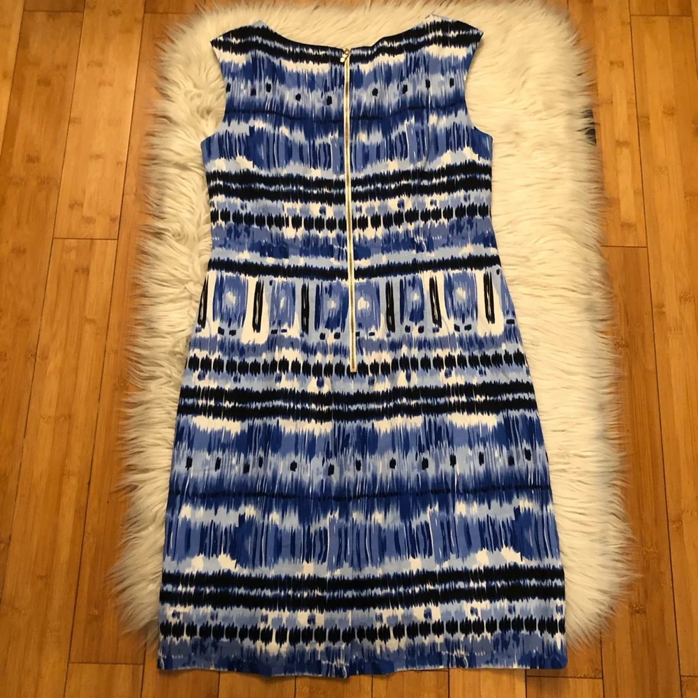 Tahari Linen Blend Tie Dye Ikat Prints Blue White Sleeveless Sheath Dress size 8 - Picture 8 of 16